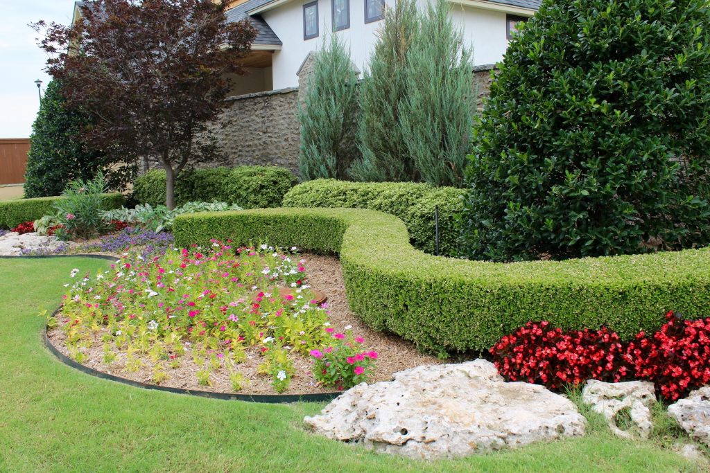 Image of trimmed bush line and flower beds