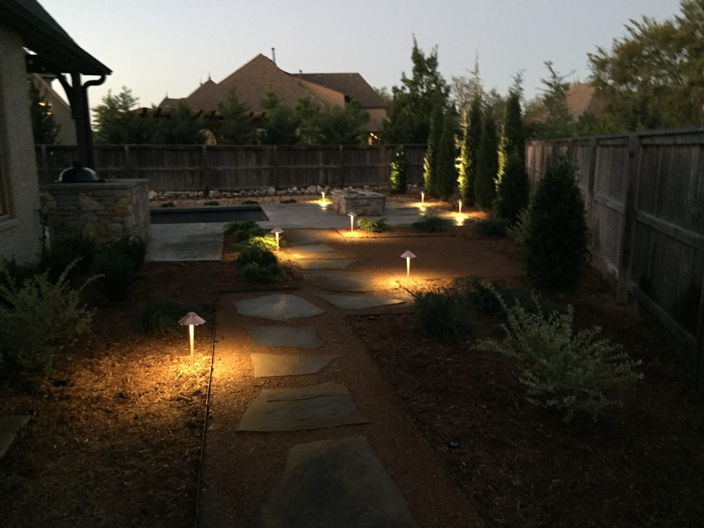 Image of custom pathway lighting in backyard at night
