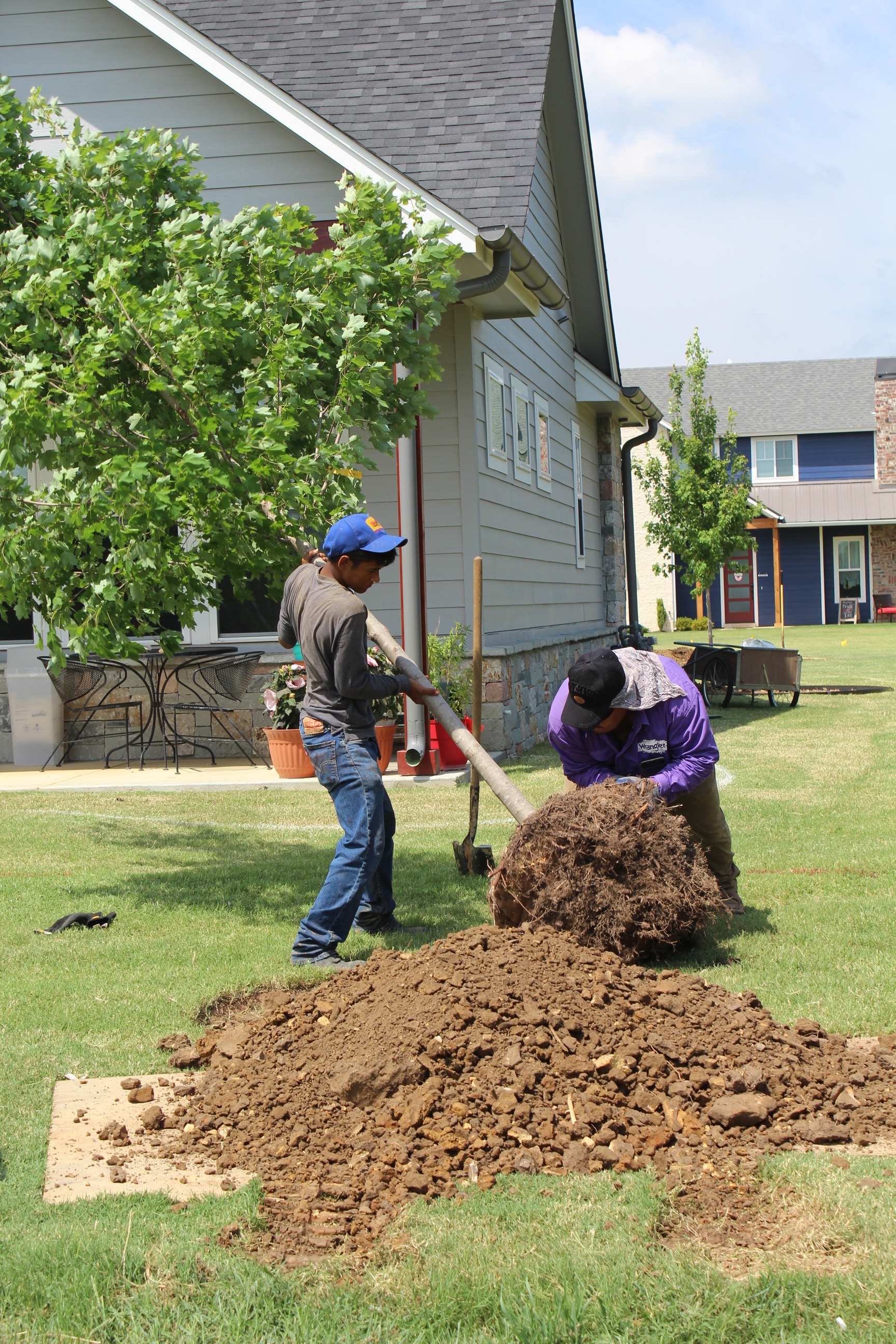Image of two workers shoveling dirt in grass yard