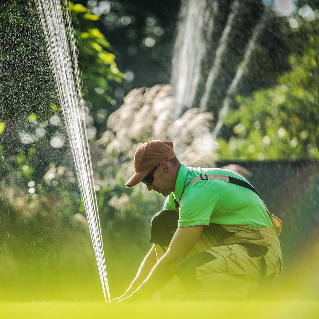 Landscaper performing maintenance on lawn irrigation